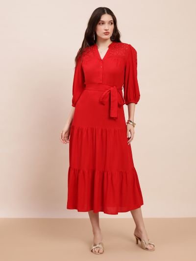 Globus Women Red V-Neck Bishop Sleeves Solid Schiffli Detail Tiered Midi A-Line Party Dress With Belt