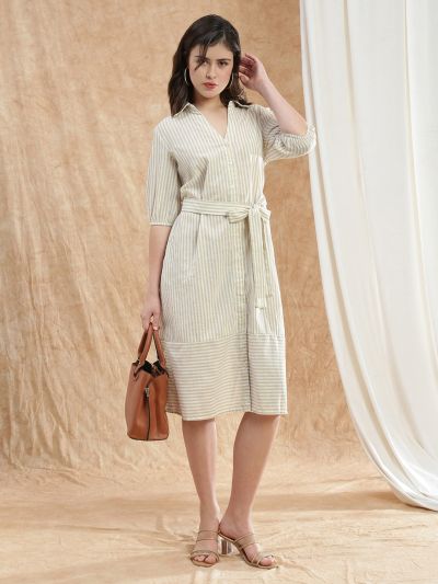Globus Women Brown Collared Neck Puff Sleeves Striped Midi Workwear Shirt Dress With Belt