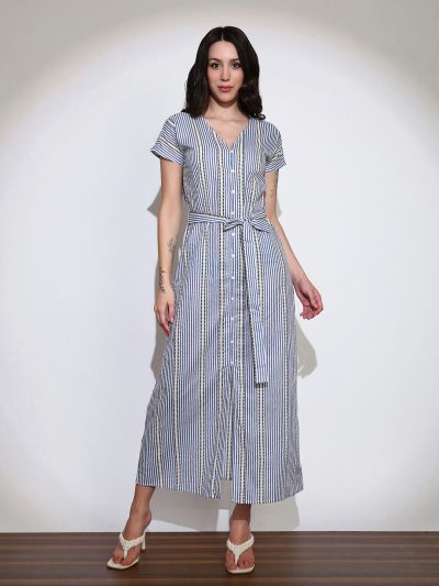 Globus Women Blue Striped V-Neck Extended Sleeves Front Slit Belted A-Line Midi Shirt Style Dress