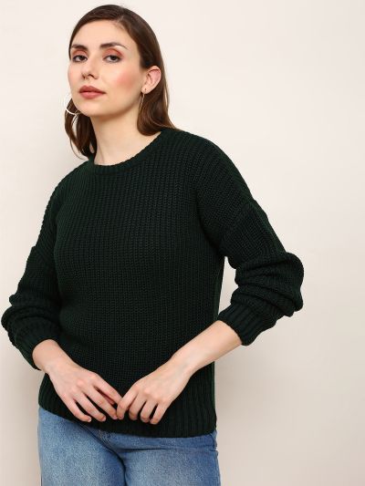 Globus Women Green Self Design Round Neck Drop Shoulder Long Sleeves Acrylic Knitted Pullover Sweater