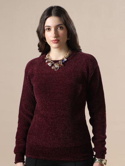 Globs Women Mauve Self Design Round Neck Drop Shoulder Long Sleeves Acrylic Knitted Pullover Sweater 