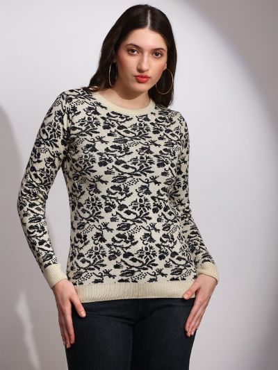Globus Women Black Round Neck Long Sleeves Floral Print Ribbed Hem Winterwear Pullover Sweater