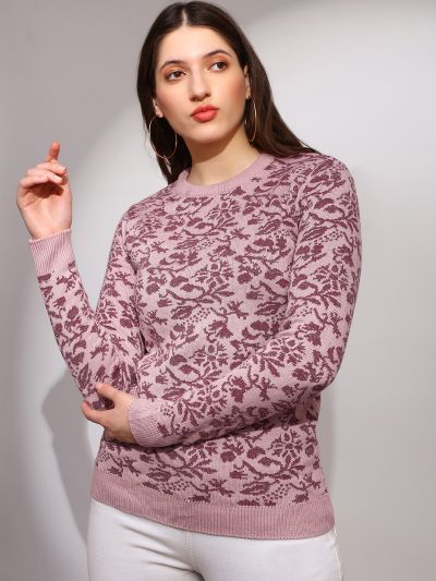 Globus Women Pink Round Neck Long Sleeves Floral Print Ribbed Hem Winterwear Pullover Sweater