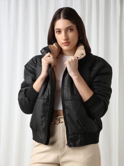 Globus Women Black High Neck Long Sleeves Winter Wear Puffer Jacket