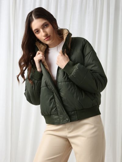Globus Women Olive High Neck Long Sleeves Winter Wear Puffer Jacket
