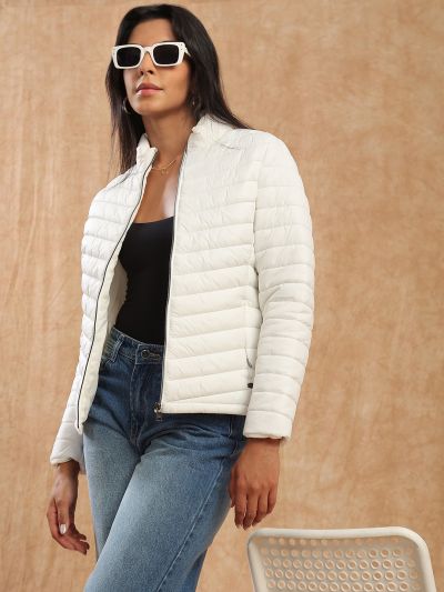 Globus Women White Mock Neck Front Zip 2 Pockets Winter Wear Insulator Puffer Jacket 