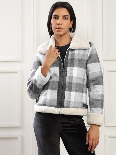 Globus Women Black Spread Collar Long Sleeves Soft Functional Checked Self Design 2 Pockets Winter Wear Jacket