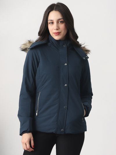 Globus Women Navy Blue Mock Neck Winter Wear Insulator Puffer Jacket With Detachable Faux Fur Hood