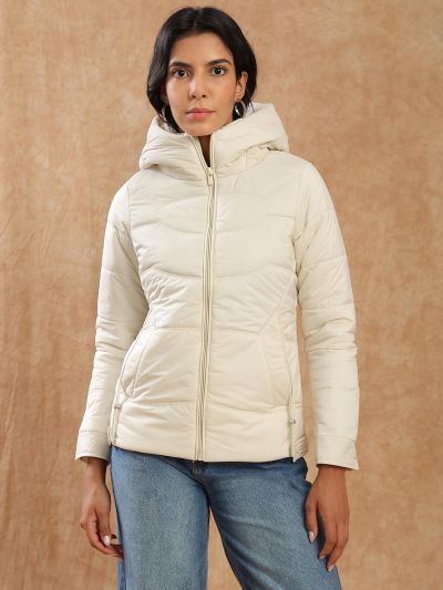 Globus Women Beige Long Sleeves Front Zip 2 Pockets Hooded Winterwear Puffer Jacket
