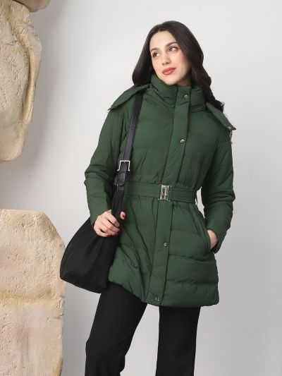 Globus Women Green Mock Neck Long Sleeves Belted Winter Wear Insulator Puffer Jacket With Detachable Hood
