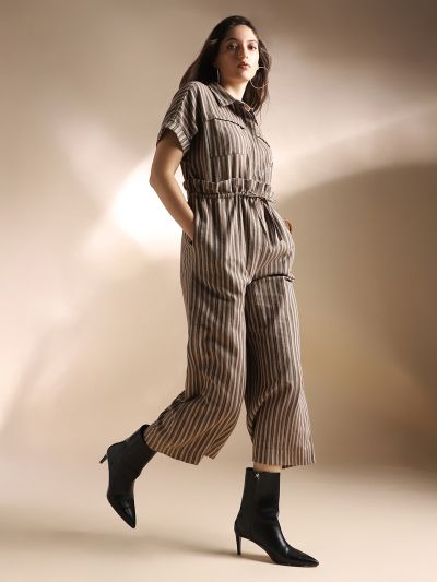 Globus Women Brown Striped Extended Sleeves Collared Neck Waist Tie-Ups Wide Leg Jumpsuit 