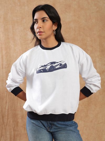 Globus Women Cream Graphic Print Drop Shoulder Sleeves Round Neck Ribbed Hem Pullover Heavy Fleece Sweatshirt 