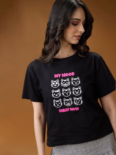 Globus Women Black Graphic Print Round Neck Short Sleeves Cotton Oversized T-Shirt