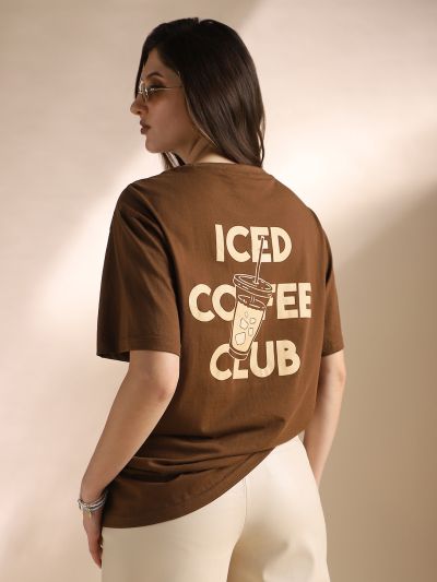 Globus Women Brown Round Neck Drop Shoulder Sleeves Graphic Back Print Oversized T-Shirt