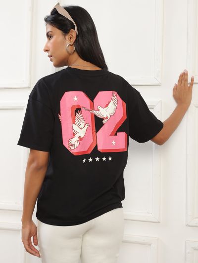 Globus Women Black Round Neck Drop Shoulder Sleeves Graphic Back Print Oversized T-Shirt