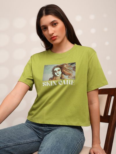 Globus Women Green Graphic Print Round Neck Drop Shoulder Sleeves Oversized Crop T-Shirt