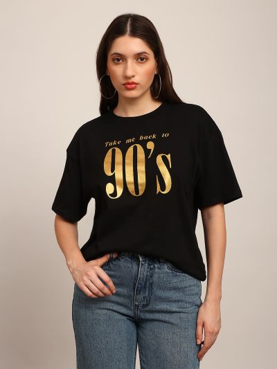 Globus Women Black Graphic Print Round Neck Drop Shoulder Sleeves Oversized T-Shirt