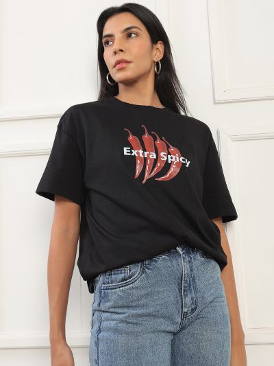 Globus Women Black Round Neck Drop Shoulder Sleeves Graphic Print Oversized T-Shirt