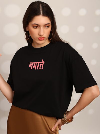 Globus Women Black Graphic Print Round Neck Drop Shoulder Sleeves Oversized T-Shirt