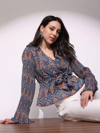 Globus Women Blue Georgette Ikkat Print Wrap V-Neck Flared Sleeves Waist Tie-Ups Top