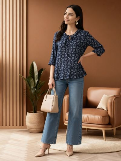 Globus Women Navy Blue Tie-Up Neck Ethnic Print Frill Detail Top