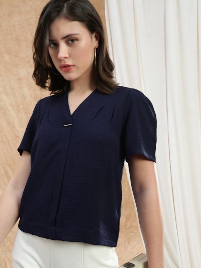 Globus Women Navy Blue V-Neck Puff Sleeve Pleated Formal Top