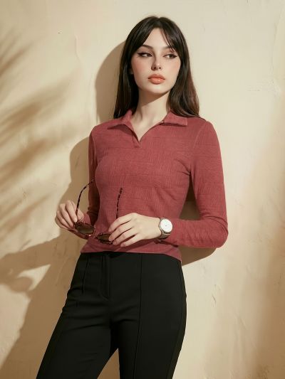 Globus Women Rust Self Design Collared Neck Long Sleeves Casual Top