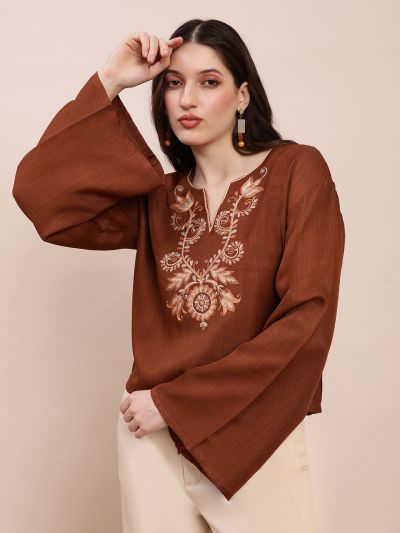 Globus Women Brown Embroidered V-Neck Bell Sleeves Top