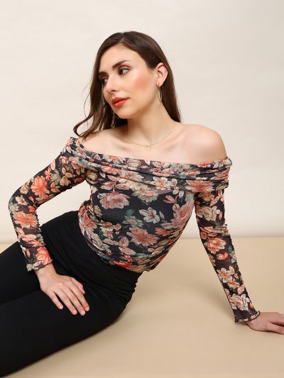 Globus Women Black Floral Off Shoulder Long Sleeve Ruched Party Top 