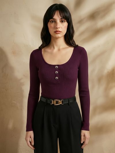 Globus Women Wine Scoop Neck Long Sleeves Button Detail Ribbed Bodysuit Top