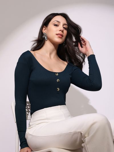 Globus Women Green Scoop Neck Long Sleeves Button Detail Ribbed Bodysuit Top