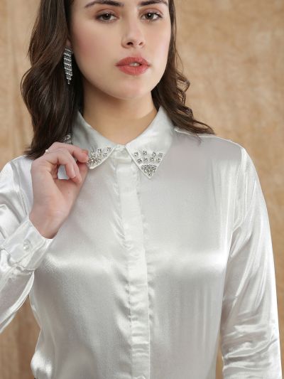 Globus Women Off White Embellished Spread Collar Cuffed Sleeve Satin Party Shirt