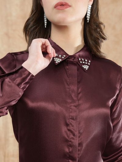 Globus Women Red Embellished Spread Collar Cuffed Sleeve Satin Party Shirt