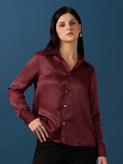 Globus Women Maroon Collared Neck Cuff Sleeves Paisley Self Design Relaxed Fit Party Shirt