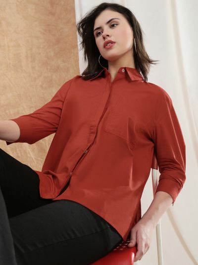 Globus Women Red Spread Collar Cuffed Sleeve Patch Pocket High-Low Hem Oversized Shirt 