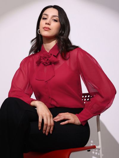 Globus Women Red Bow Detail Collared Neck Cuffed Sleeves Curved Hem Georgette Sheer Party Shirt