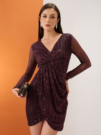 Globus Women Multicolour Wrap V-Neck Spangle Embellished Tulip Hem Mini Bodycon Party Dress