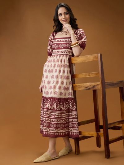 Globus Women Maroon Square Neck Puff Sleeves Ethnic Print Smocked Tiered Fit & Flare Midi Dress