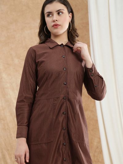 Globus Women Brown Collared Neck Cuffed Sleeves Self Design Utility Pockets Mini Workwear Shirt Dress
