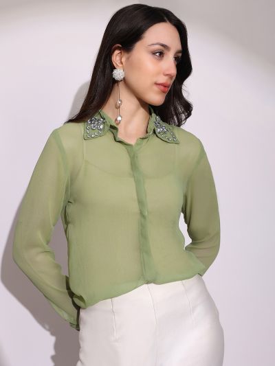 Globus Women Green Embellished Collar Cuffed Sleeves Curved Hem Georgette Sheer Party Shirt