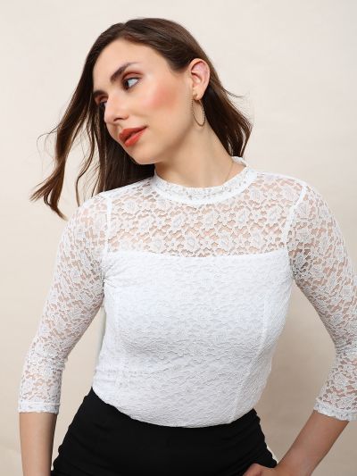 Globus Women White Round Neck Self Design Floral Lace Party Top