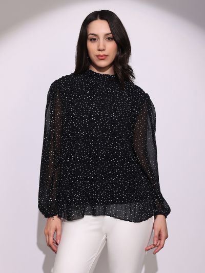 Globus Women Black Abstract Print High Neck Bishop Sleeves Back Tie-Up Detail Accordion Pleats Party Top