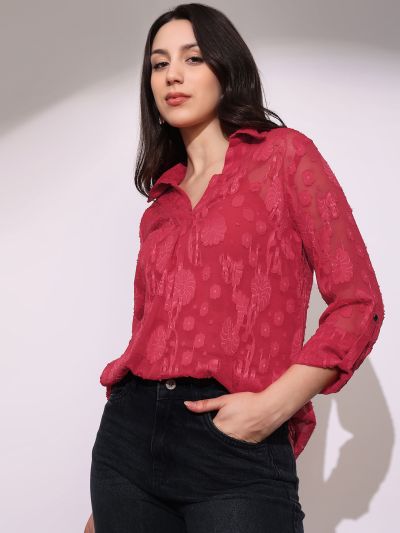 Globus Women Red Collared V-Neck Long Roll-Up Sleeves Floral Self Design Casual Top