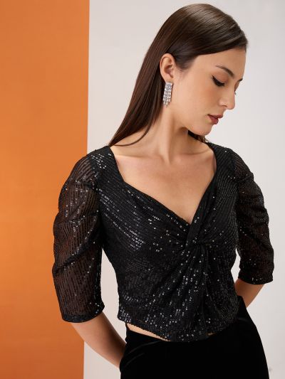 Globus Women Black Sweetheart Neck Ruched Sleeves Twisted Detail Sequinned Party Crop Top