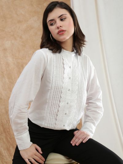 Globus Women White Band Collar Cuffed Sleeve Schiffli Lace Detail Pleated Shirt