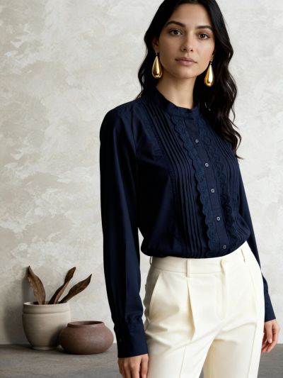 Globus Women Navy Blue Mandarin Collar Cuffed Sleeves Solid Lace Insert Pleated Detail Shirt