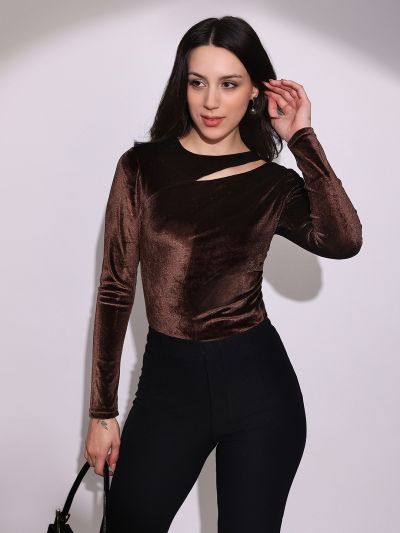 Globus Women Brown Round Neck Long Sleeves Cut-Out Detail Gathered & Pleated Velvet Party Top