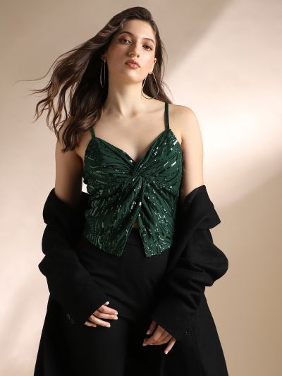 Globus Women Green Sweetheart Neck Shoulder Straps Twisted Detail Sequinned Crop Party Top