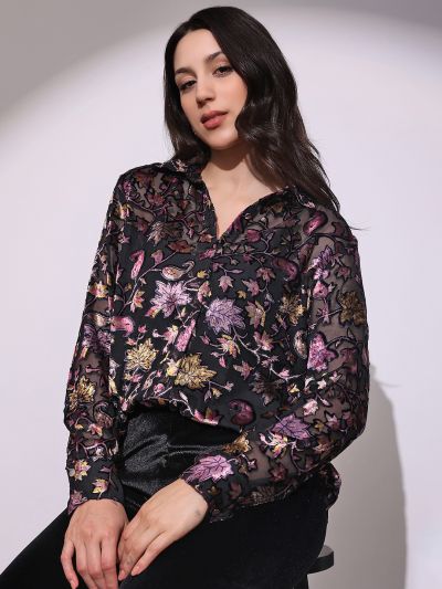 Globus Women Black Floral Self Design Collared Neck Cuffed Sleeves Curved Hem Party Shirt