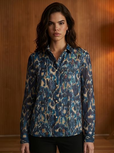 Globus Women Blue Spread Collar Abstract Print Sequinned Detail Cuffed Sleeves Oversized Georgette Party Shirt 